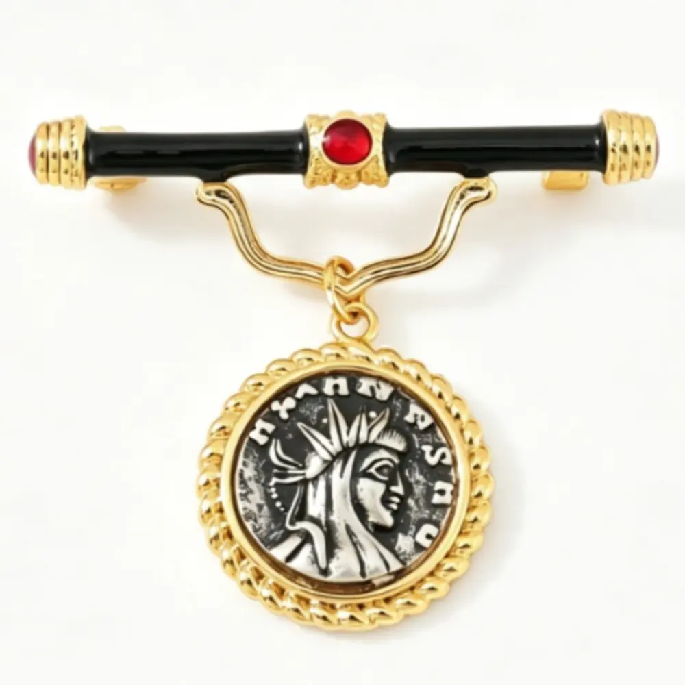 Black Enamel Bar Antique Coin Tassel Brooch Unisex Red Crystal Gold Lapel Pin Gift