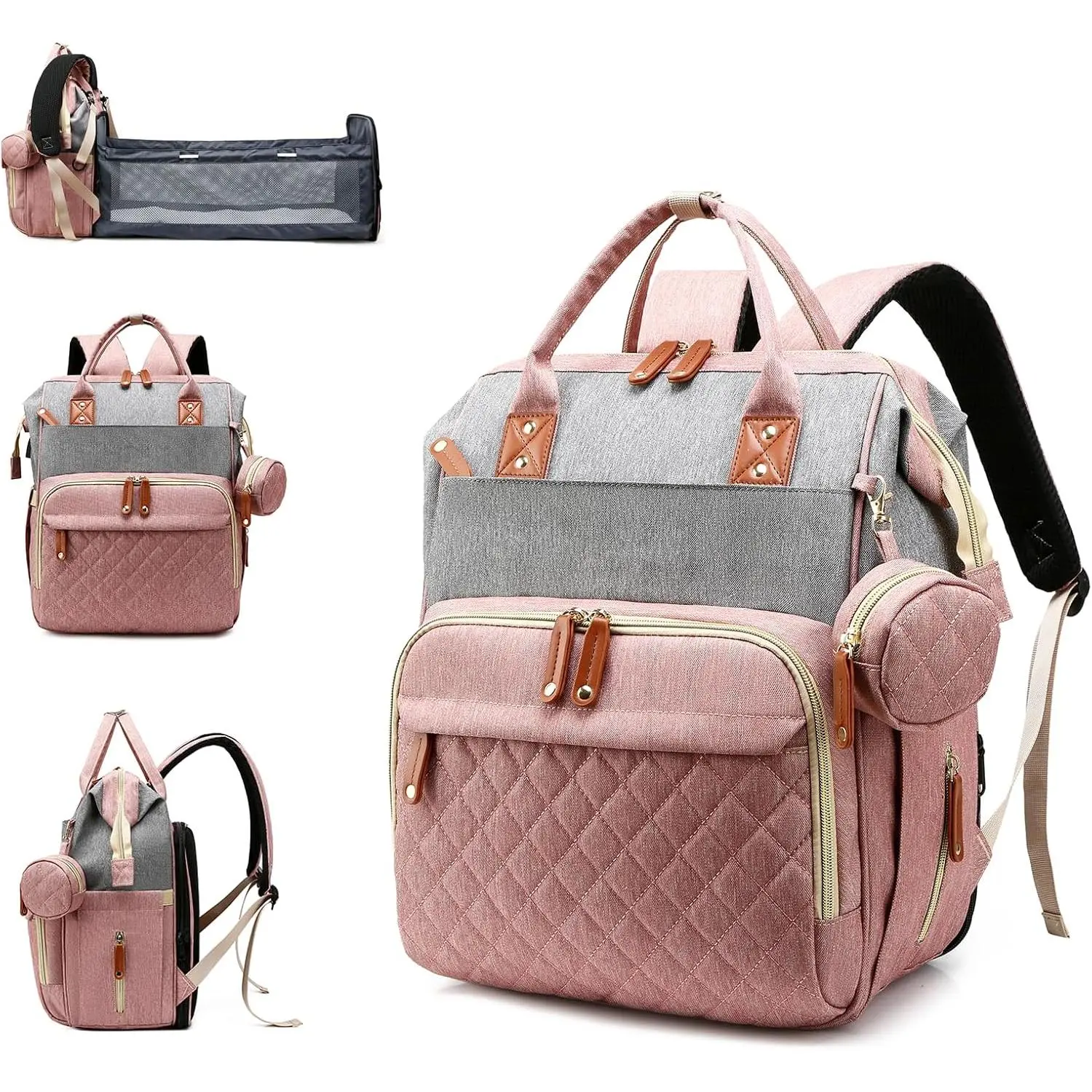 Diaper Bag Backpack with Changing Station, Waterproof Large Capacity, Baby Bag for Mom & Dad, 18 Pockets+USB Port, Foldable Changing Pad, Travel Backpack for Newborn Essentials, Baby Gift insulate pocket bag unisex girl boy diaper bag pink grey