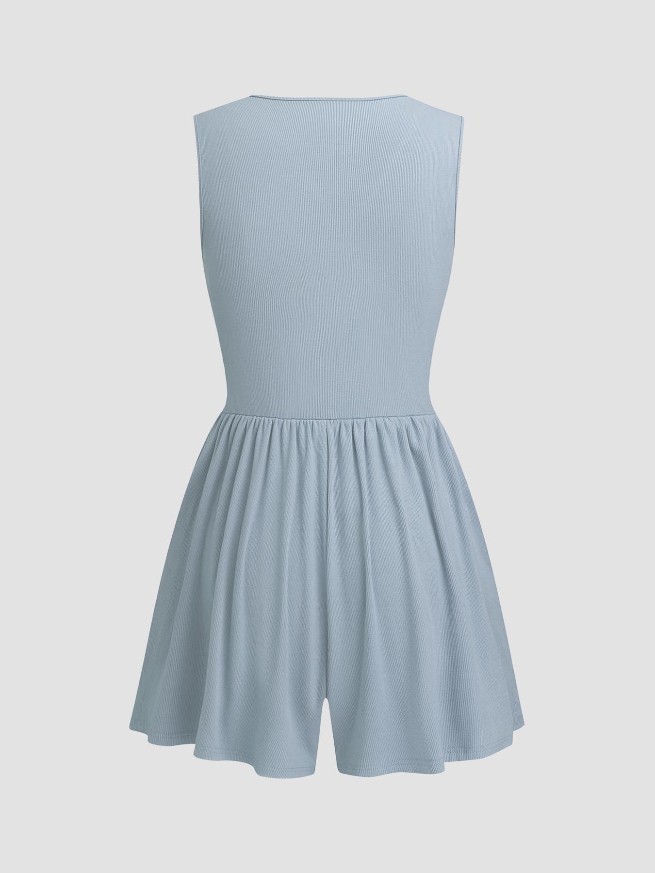 Women's Plain Ruched Deep V Neck Tank Romper, Elegant Sleeveless Romper For Summer, Fashion Casual Ladies Clothes For Daily Wear