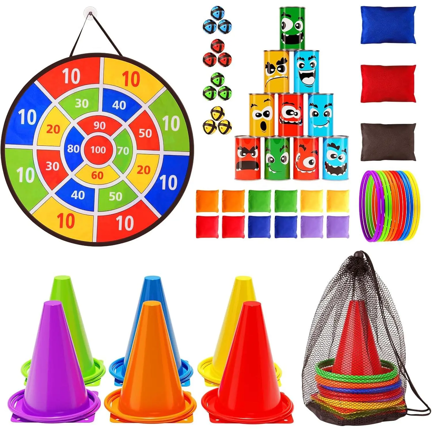 58PCS Carnival Games Combo Set, Dart Board Knock Down Can Bean Bag Toss Game Party Indoor Outdoor Birthday Party Fall Festival Field Day for Kids Adults Yard Plastic Cones Outside Gamesfidget toys