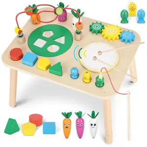 Activity Table for 1+ Year Old, 7 in 1 Wooden Montessori Activity Center Play Table with Drum, Bead Maze Shape Sorter Fishing Game, Kids Sensory Educational Toddler Learning Toys 1st Birthday Giftsfidget toys