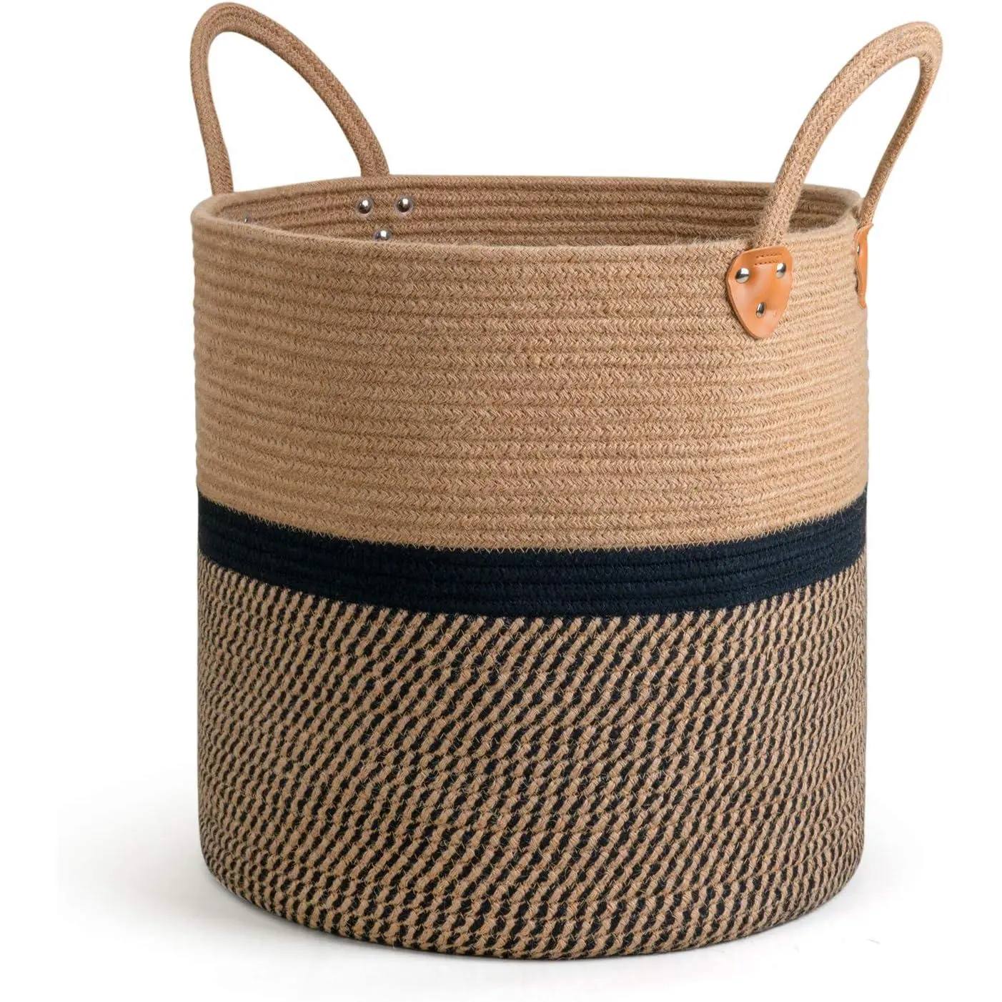 Extra Large Jute Woven Storage Basket with Handles – Laundry Basket Toy Towels Blanket Basket Home Decor Gift, 16" x 16", Black