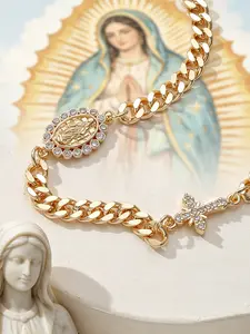 1 Piece Virgin Mary Copper Bracelet, Double Crosses and Zircon Inlaid Neutral Christian Accessories for Men and Women, Christmas and Easter, Spiritual and Religious 3D Our Lady of Guadalupe Jewelry, High-quality Faith Themed Gifts