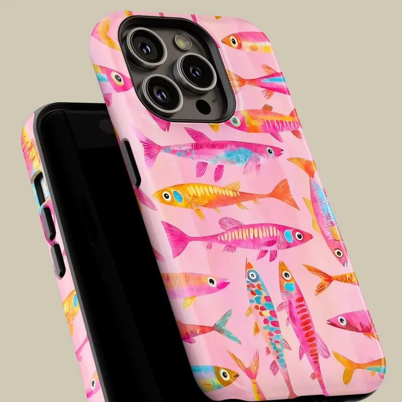 Glam Street TPU Shockproof Waterproof Phone Case - Preppy Cover/Shell with Pink Cartoon Fish, Vintage Skull, Flower Designs for iPhone 12-17 Pro Max, Samsung S23-S25 Ultra Full-Protection Accessory