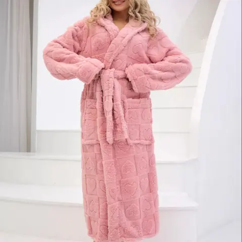 Women's Coral Fleece Heart Bathrobe, Hooded Long Sleeve Sleepwear Loungewear, Warm Thickened Padded Robe with Adjustable Drawstring & Dual Pockets