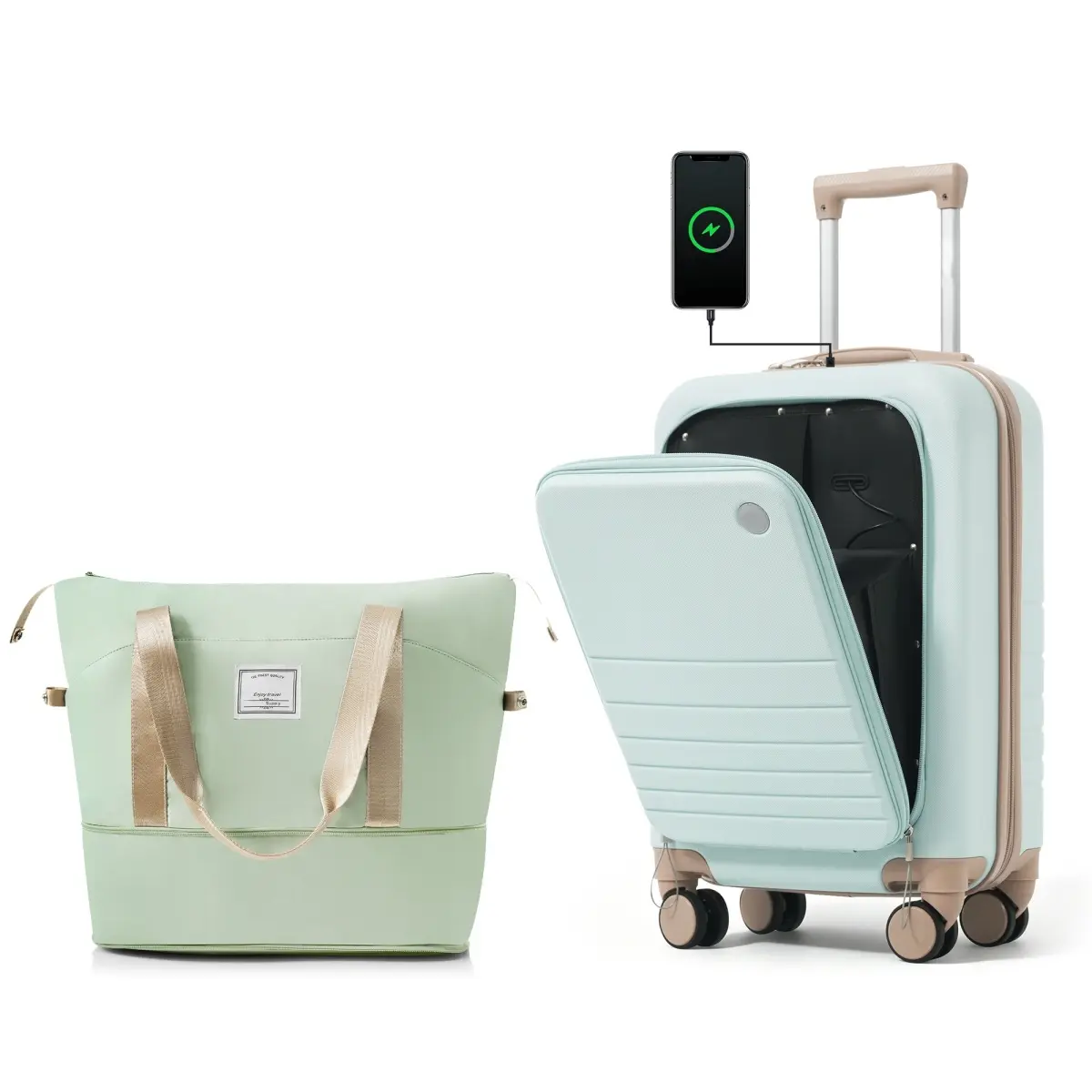 20in ABS Hard Shell Front-Opening Rolling Wheels Carry-On Luggage 2-Piece Set, Expandable Waterproof Lining Travel Bag, External USB Charging Port, Cup Holder Hook, 360° Smooth Universal Wheels for Short-Distance Travel