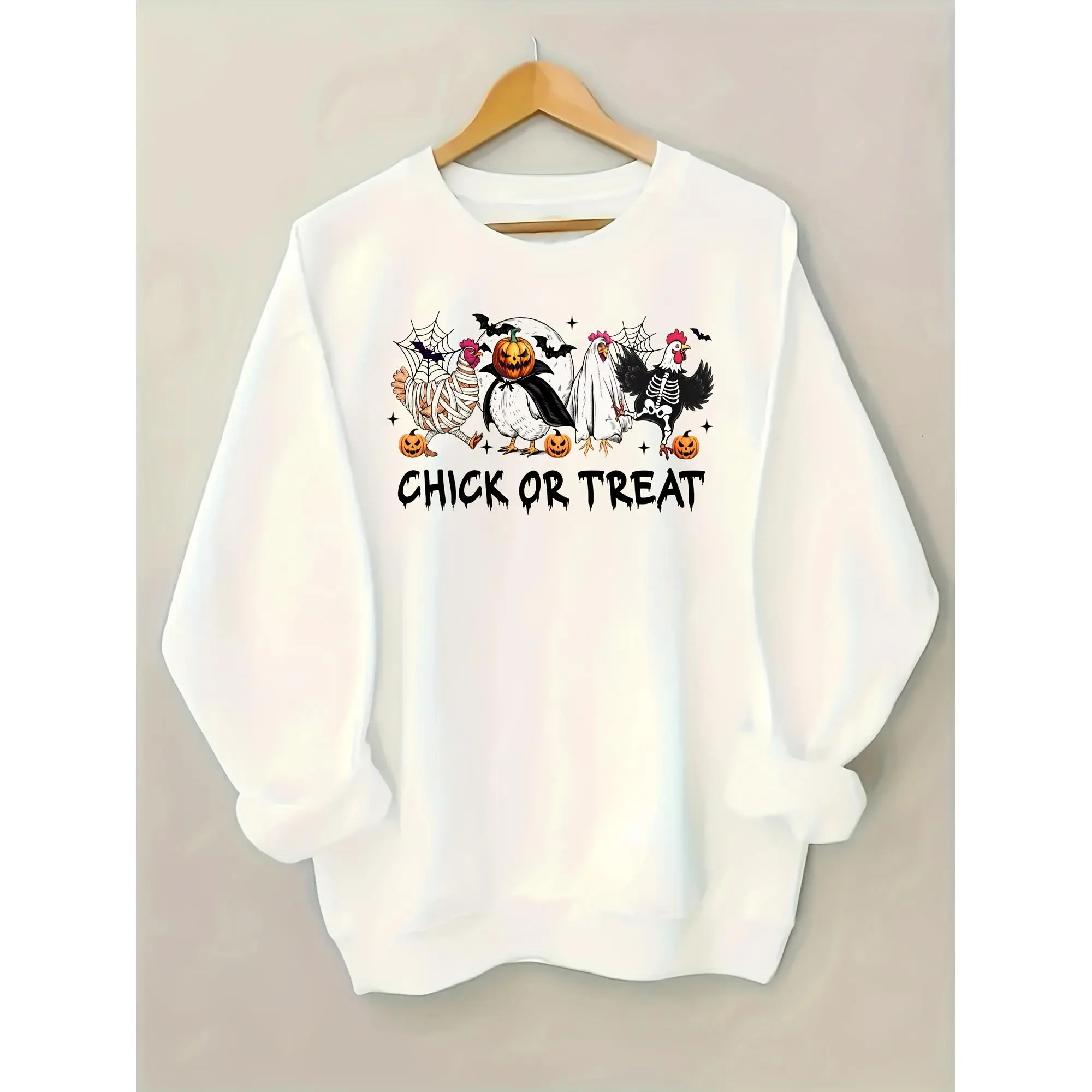 Women's Funny Animal Crewneck Sweatshirt Chick Or Treat Halloween Funny Chicken Graphic Everyday Casual Pullover Sweatshirt