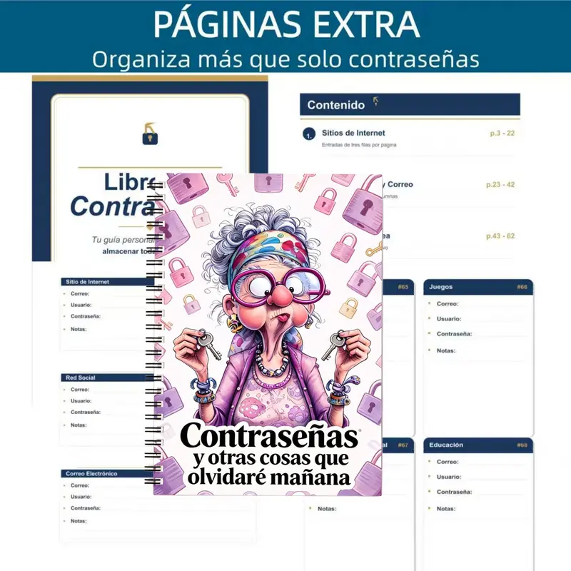 A fun cartoon grandma-themed spiral-bound Spanish password notebook, used for recording website login information and organizing Spanish password notes, also an office planner.
