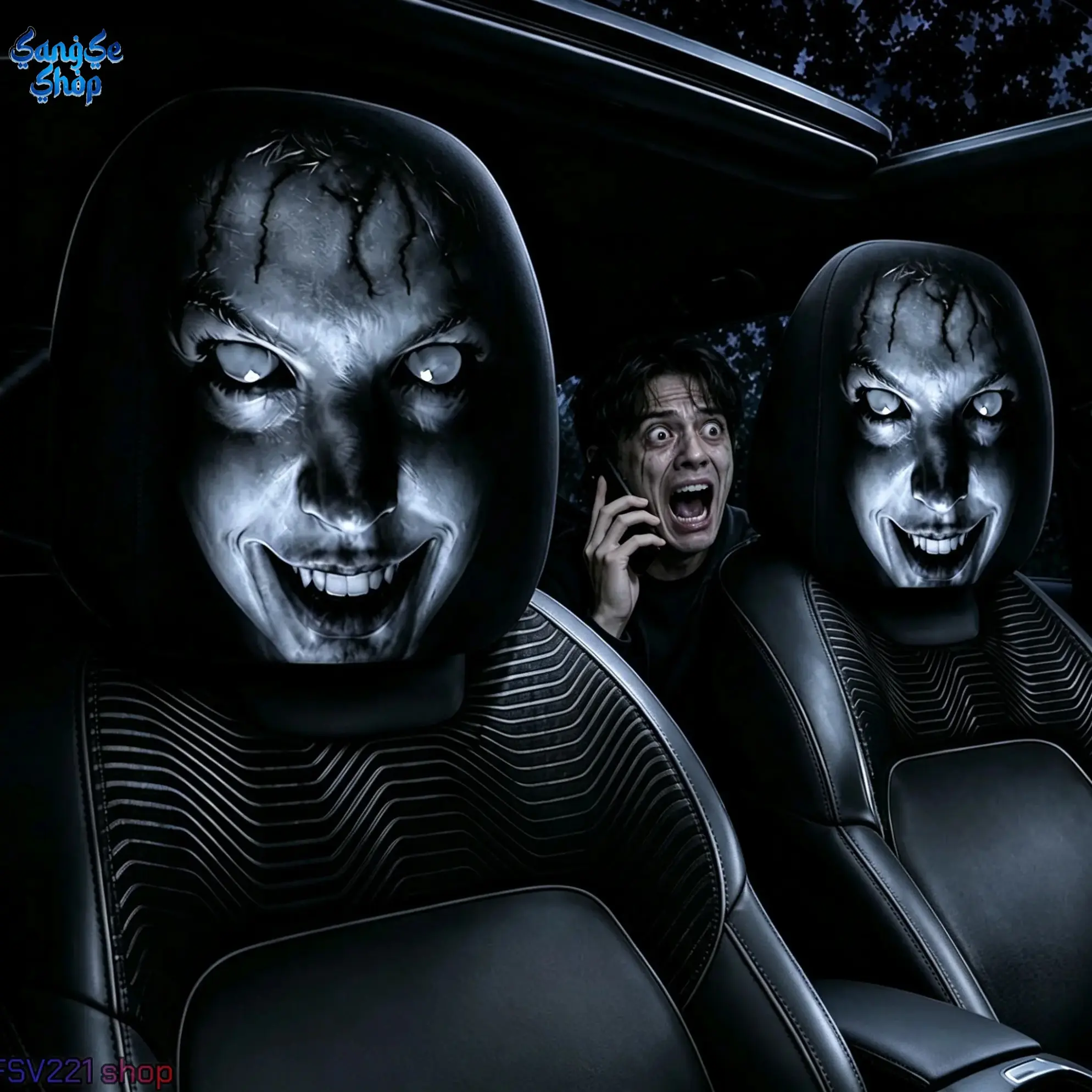 Spooky Ghost Face Car Headrest Cover, Stretchy Double-Sided Halloween Car Seat Protector, Scary Funny Auto Interior Decoration, Elastic Fit Headrest Slipcover for Cars, SUVs & Trucks, Halloween Prank Car Accessories & Seasonal Decor