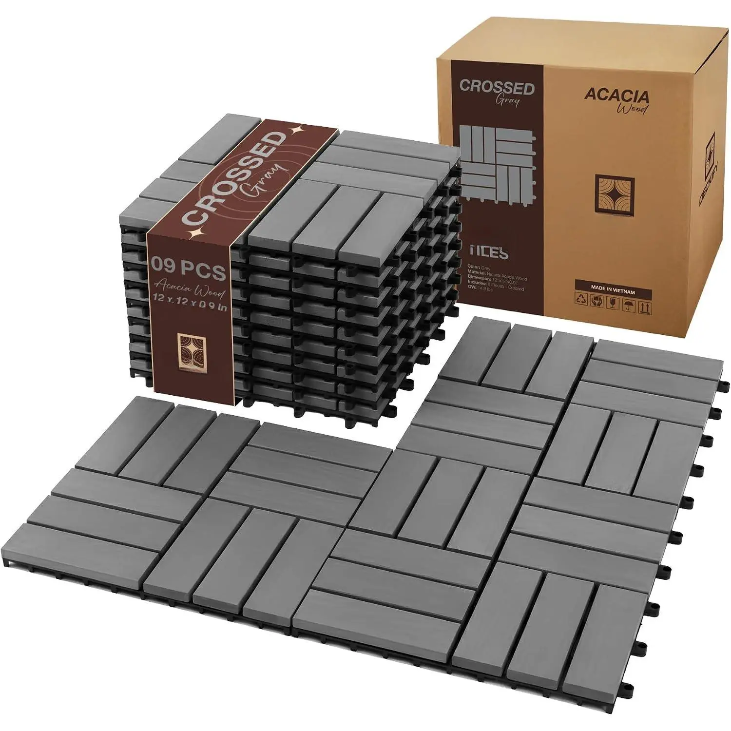 Acacia Interlocking Deck Tiles Outdoor   Weather Grey Crossed | Raised Drainage Base, 12x12 In, Trimmable, Oil-Rubbed Finish, No Tools or Sealant Required, Weather-Resistant, Washable