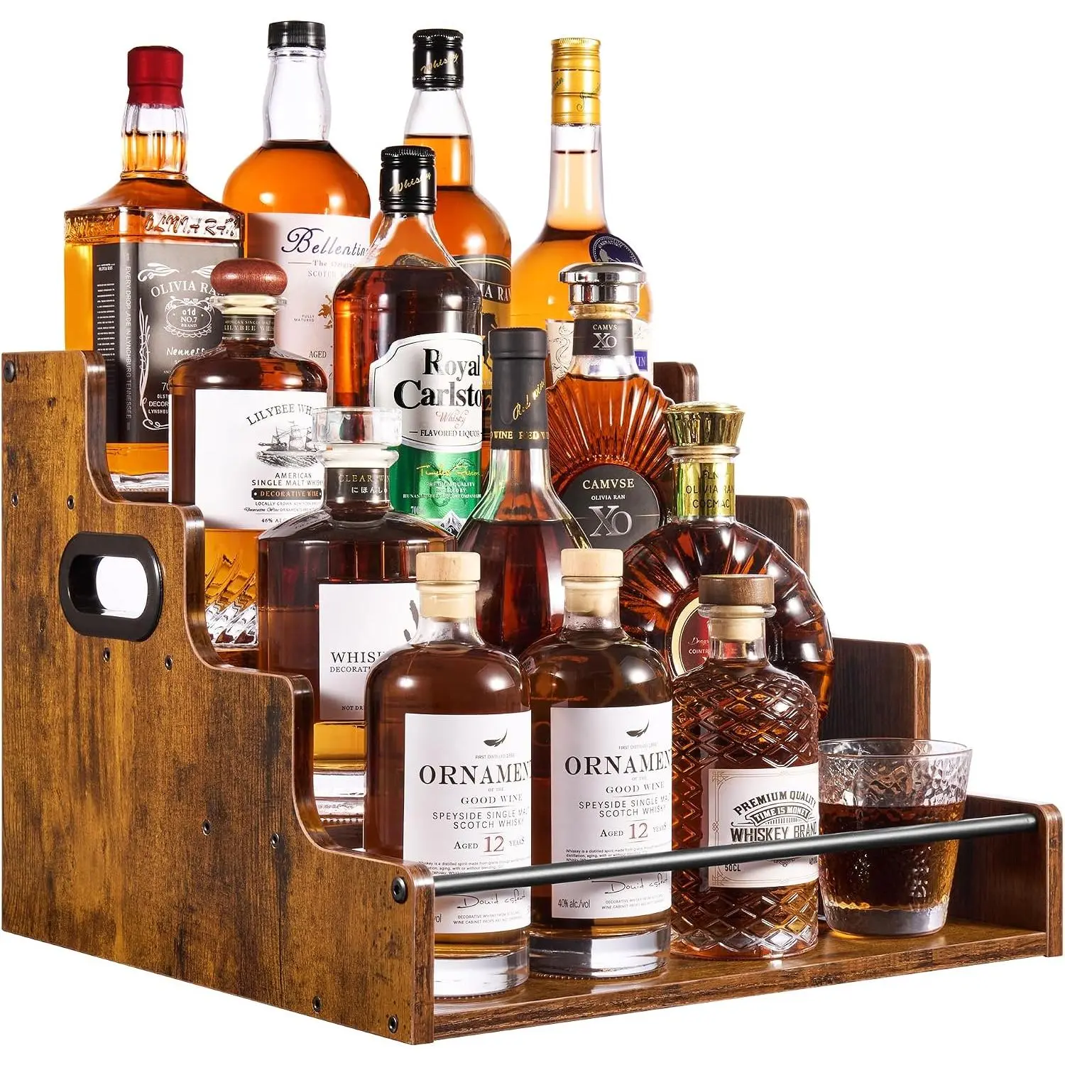 Wooden Rustic 4-Tier 16-Inch Heavy-Duty Countertop Organizer Rack - Multi-Tiered Liquor Whiskey Spirits Shelf, Spice Coffee Syrup Wine Dressing Holder