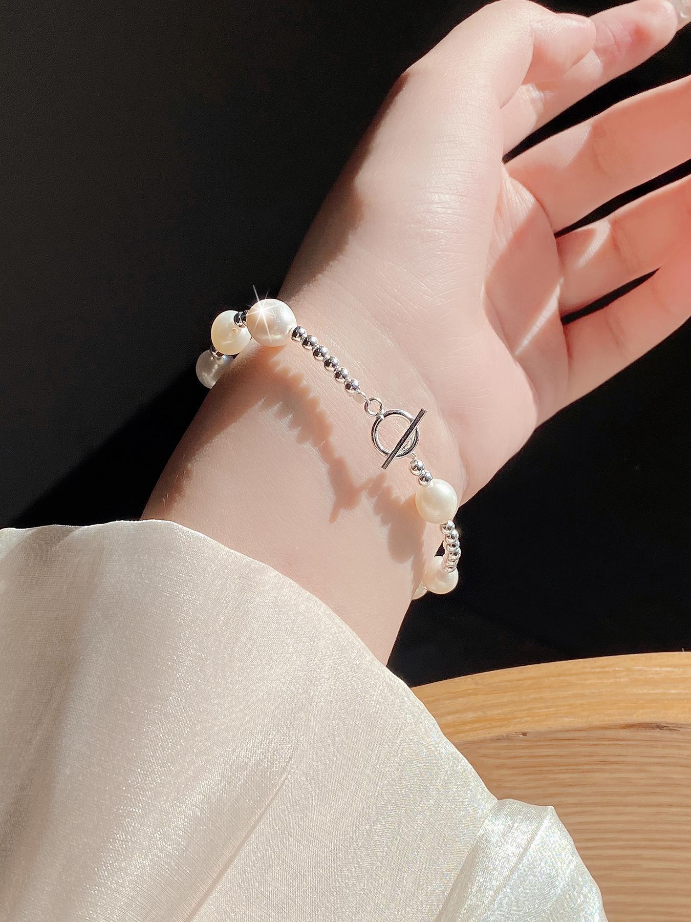 S925 Sterling Silver Freshwater Pearl Decorated Bracelet, Fashion Jewelry for Party, Daily Clothing Decor, Trendy All-match & Exquisite Jewelry for Birthday Gift