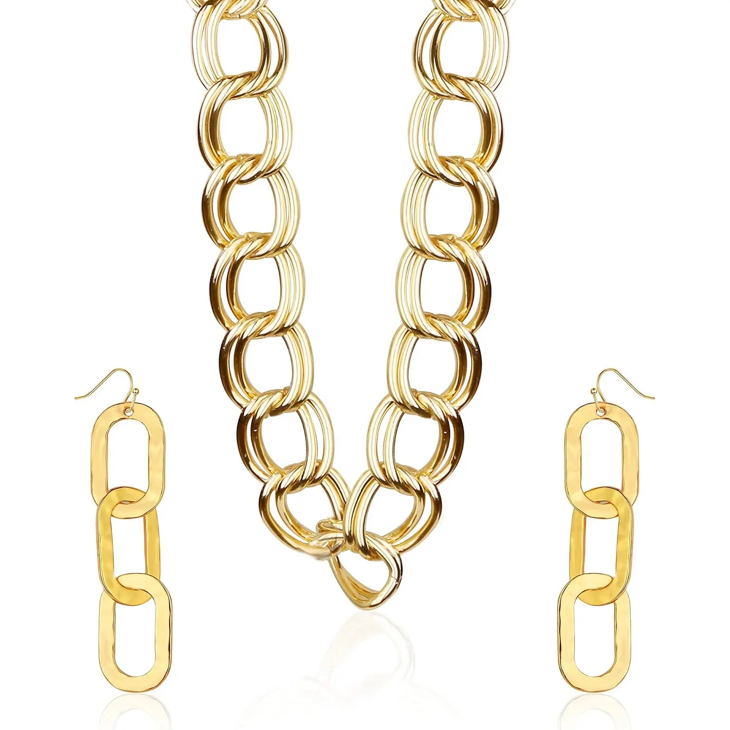 FLORIDECO Unisex 3-Piece Gold Plated Alloy Jewelry Set - Chunky Rope Chain Necklace, Hollow Drop Earrings, Punk Hip Hop Rap Style for Casual Daily Wear