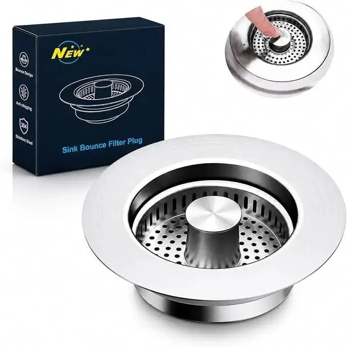 Stainless Steel Press-Type Kitchen Sink Bounce Core Filter Plug, Anti-Clog Drain Strainer, Deodorant Water Filter for Kitchen Basin (Office Equipment Part)