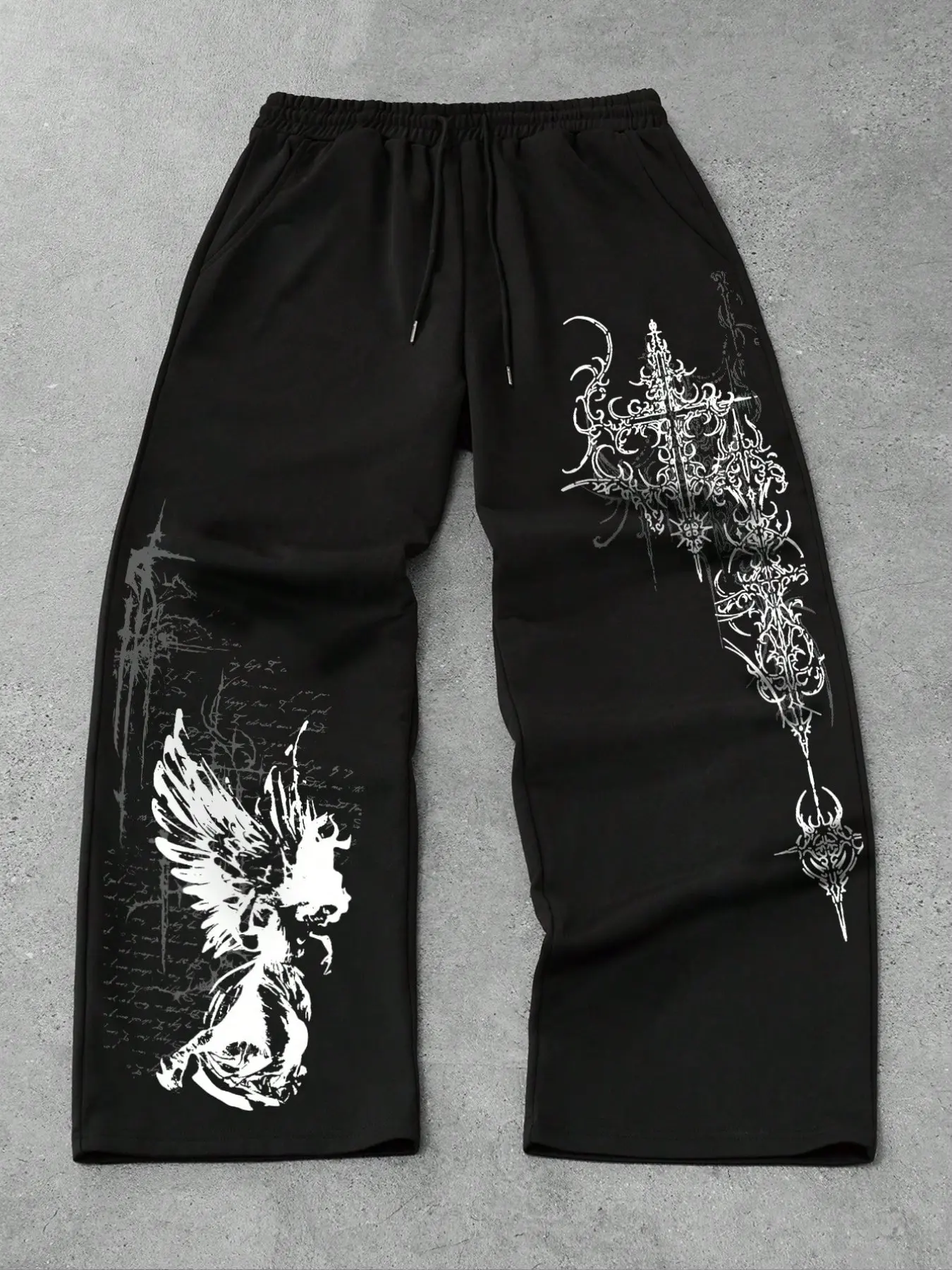Unisex Gothic Angel Cross Print Wide Leg Sweatpants, Elastic Drawstring Loose Baggy Trousers, Soft Casual Grunge Streetwear Pants with Pockets for Skate Daily Festival Y2K Alt Outfits