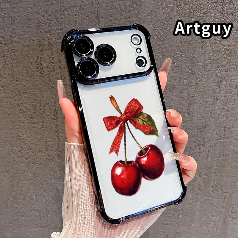 Compatible with iPhone 17 16 Pro Max 15 Plus 14 13 12 11 E Air Phone Case Cherry with Bow Pattern Transparent Full Coverage Four Corners Anti-drop Casing
