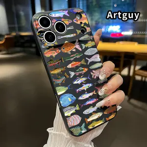 Fishy Fantasy Array Pattern Straight Edge Phone Case for iPhone 17 15 16 14 Pro Max 13 12 11 XR XS Plus Air E Shockproof Full Camera Protection Durable Slim Liquid Silicone Cover Smartphone Casing