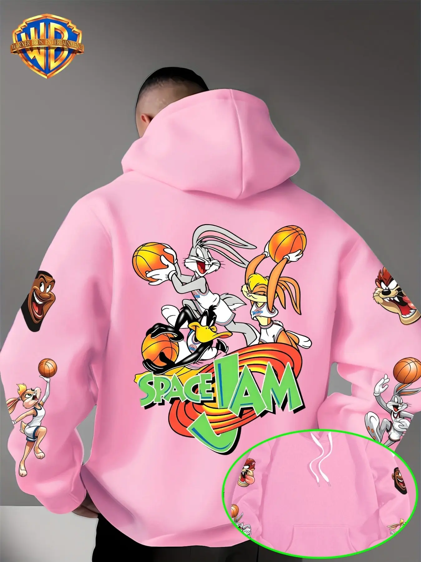 Warner Bros Men's Looney Tunes Hoodie, Casual Loose-Fit Cartoon Print Sweatshirt, Retro Movie Style, All over Print, Plain Surface
