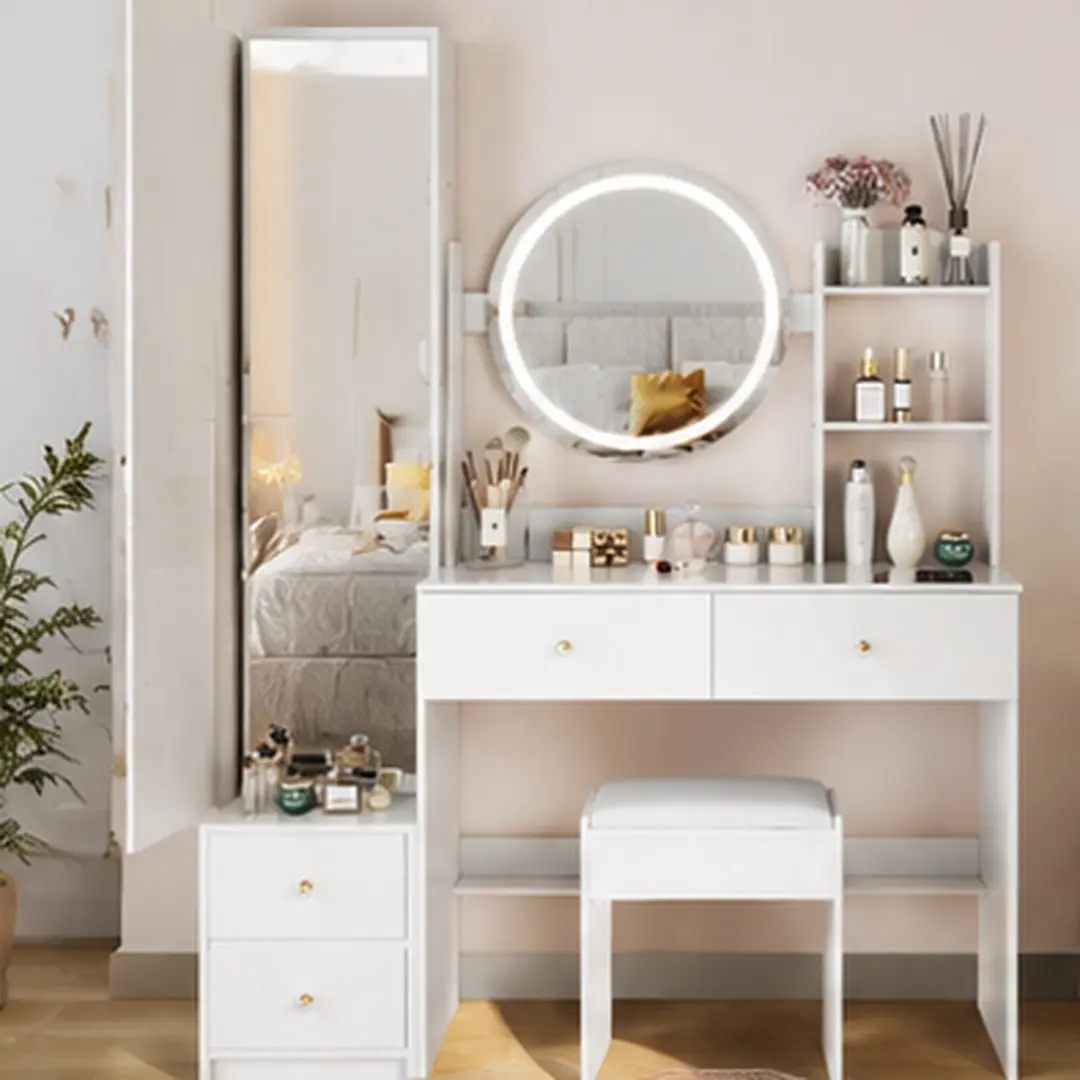 ARCH White MDF Wood Vanity Dressing Table Assembly Set - American Look, Full Body Mirror Cabinet, LED Round Mirror, Cushioned Stool, 3-Color Touch Control, Adjustable Brightness, Multi-Layer Storage, 14.2"W x 43.3"D x 63"H, for Morning Routine, Easy Insta