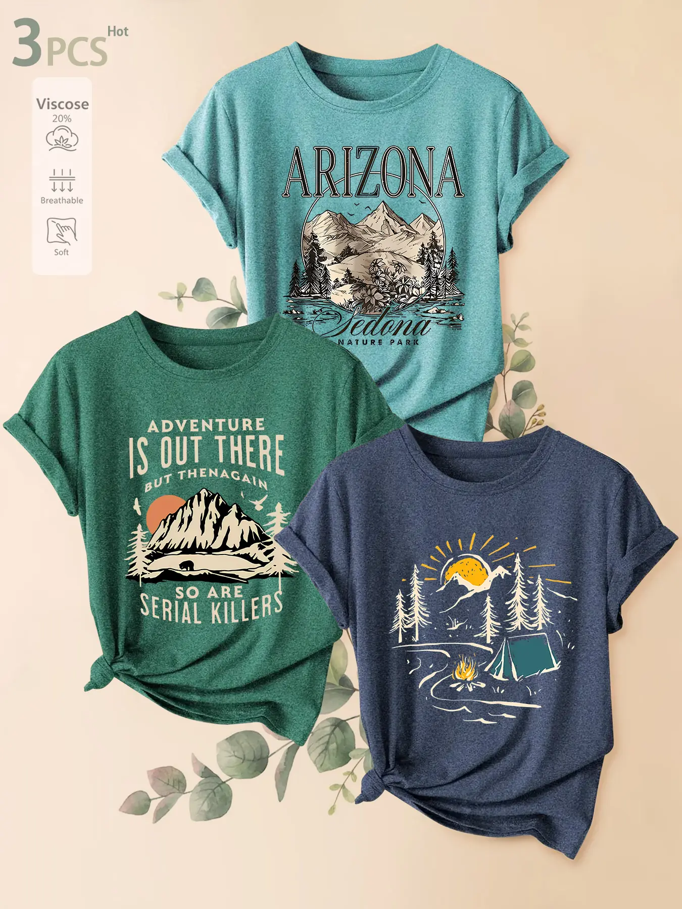 3Pcs Women Crew Neck T-shirt, Arizona Mountain Forest Camping Retro Landscape Print, Multi-color Washable Soft Spring Summer Daily Fashion Top, Casual Everyday Tops