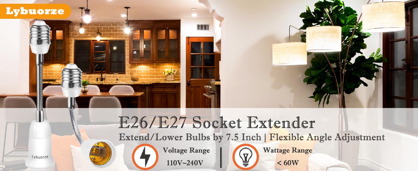 AGS Light Bulb Extender Socket (2-Pack), 19 CM 7.5 Inch Socket Extension, 360° Bendable Adjustable Standard E26/E27 Screw Base Extender Adapter