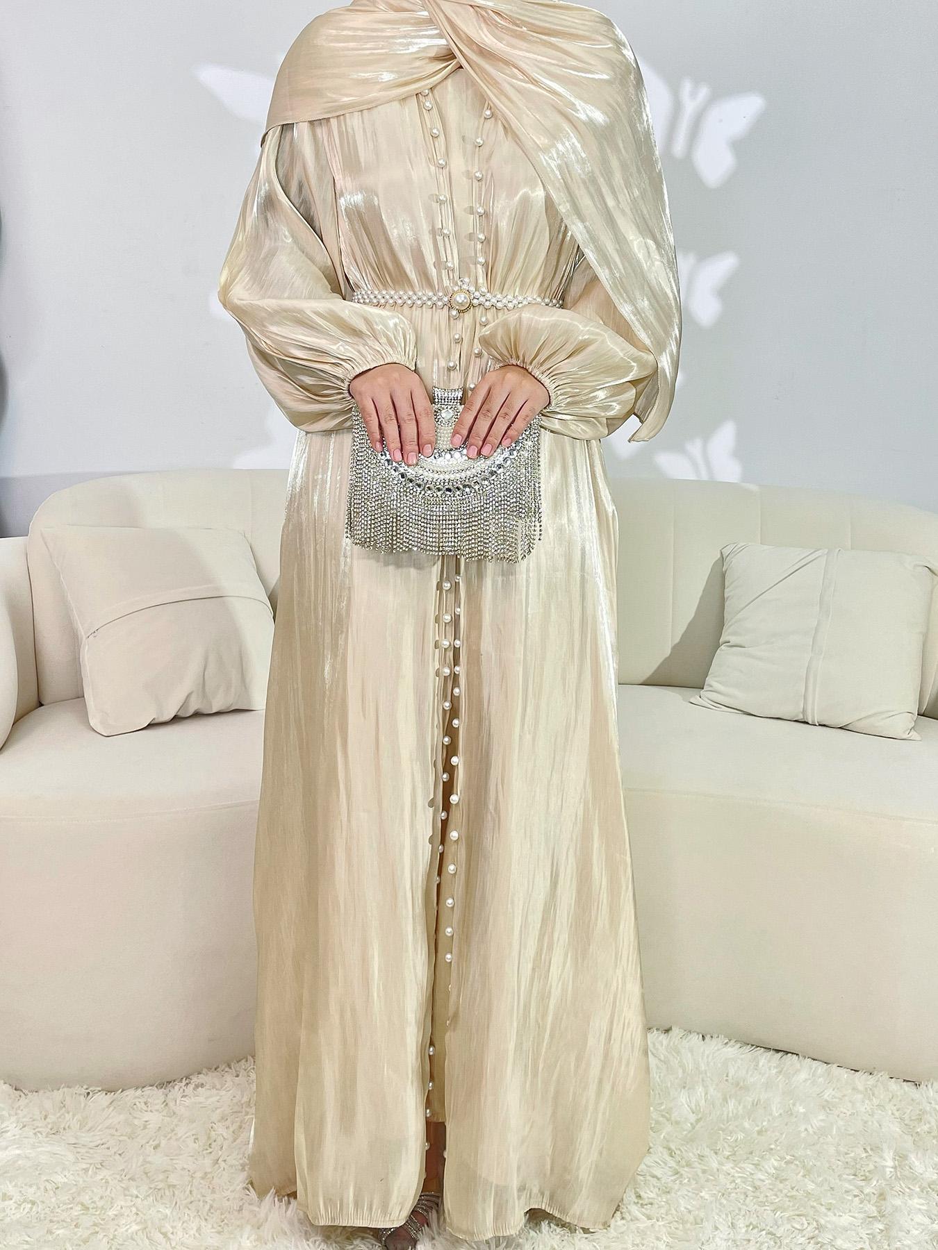 Women's Solid Abaya & Belted Tank Dress Set, Elegant Bishop Sleeve Long Sleeve Outerwear & Long Dress, Ladies Islamic Clothing for All Seasons, Modesty Abaya