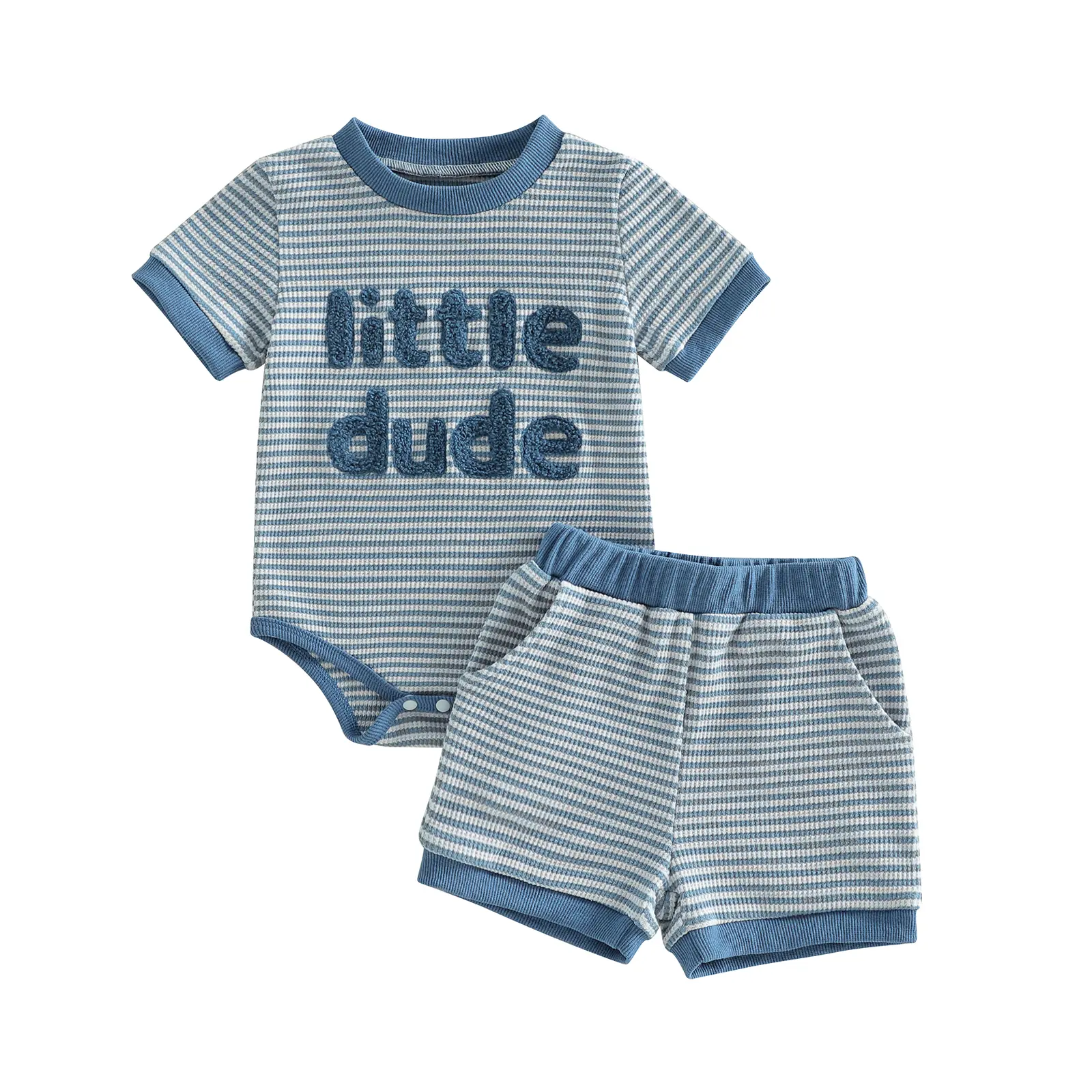 Baby Boys Summer Striped Outfits Fashionable Short Sleeve Letter Embroidery Romper with Shorts 2Pcs Set
