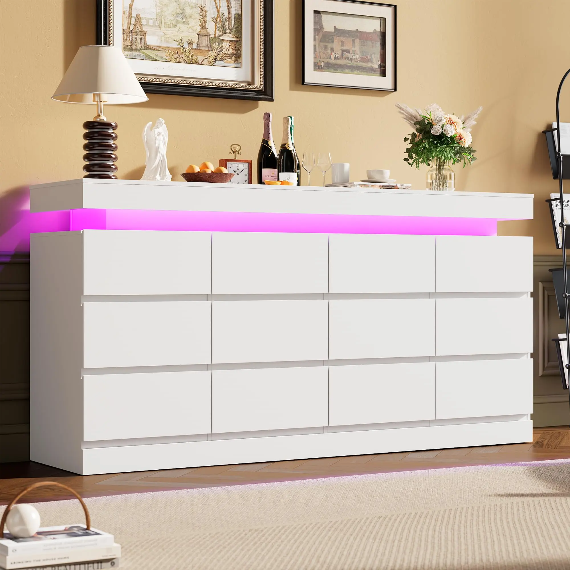 Modern 12 Drawer White Dresser for Bedroom - 63” Wide Chest with LED Light & Charging Station - Large TV Stand & Storage Cabinet for Living Room, Entryway, Hallway
