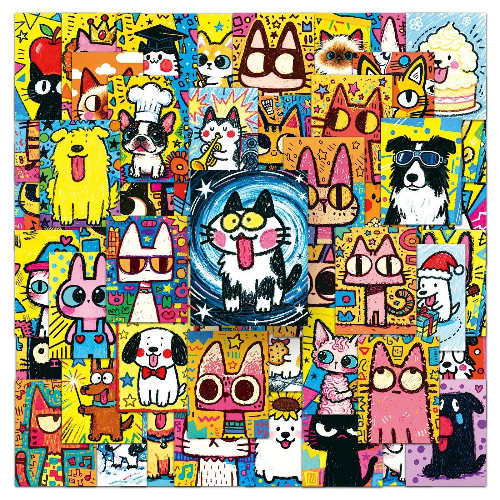 50Pcs Cat Dog Cartoon Stickers, Waterproof Animal Decals for Notebook and Mug, Cute Pet Drawings, PVC Material