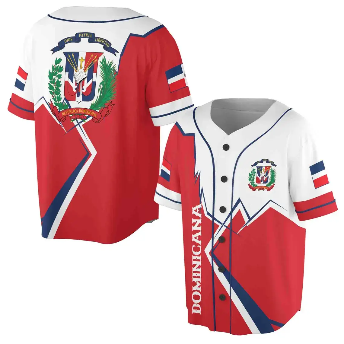 Dominican Republic baseball jersey, with a red and blue color scheme and button fastening. It features the Dominican flag and national emblem patterns. It is a suitable gift choice for both men and women.