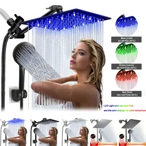 LED Rain & Handheld Combo Shower Head, 8/10/12 Inch High Pressure Rainfall Shower System with 11'' Extension Arm, 3 Adjustable Spray Settings, Height & Angle Adjustable Handshower Complete with Holder & Hose; 8 Inch Shower Head Variant Without Extension A