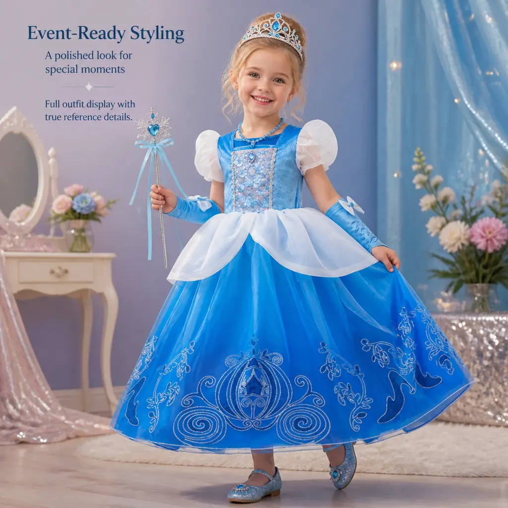 Girls' Blue Cinderella Princess Puff-Sleeve Tulle Ball-Gown Costume with Full Accessories Set