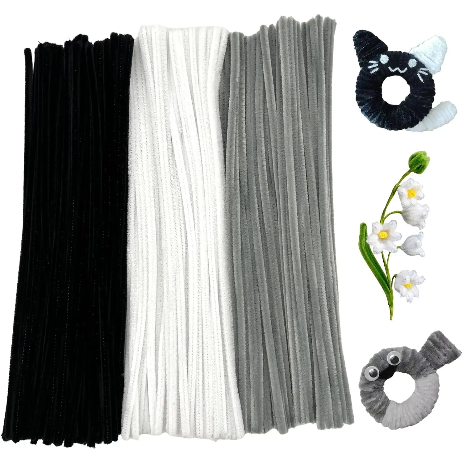 300 count Pipe Cleaners Craft Bulk,3  Colors Pipe Cleaners,6mm x 12inch Thick Fuzzy Chenille Stem Sticks for Craft Art DIY Projects Decorations (White,Black,Grey)