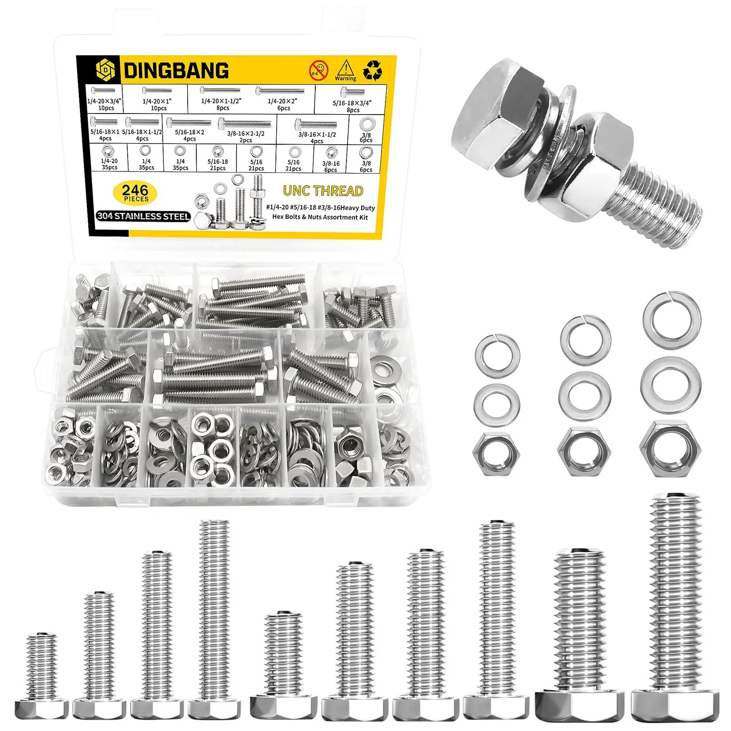 246Pcs Hex Bolts and Nuts Assortment Kit,1/4-20,5/16-18,3/8-16 Stainless Steel Hex Head Bolts,Nuts,Flat & Lock Washers Set,Fully Threaded,for Home,Auto,Electronic & Industrial Repair