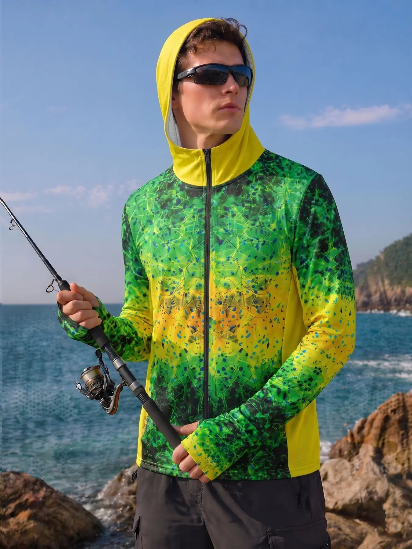 2026 Full-Zip Hooded Fishing Jacket, UV Protection, Long Sleeve, Comfortable for Tropical Shallow Water Fishing, Coral Reef & Sandy Beach
