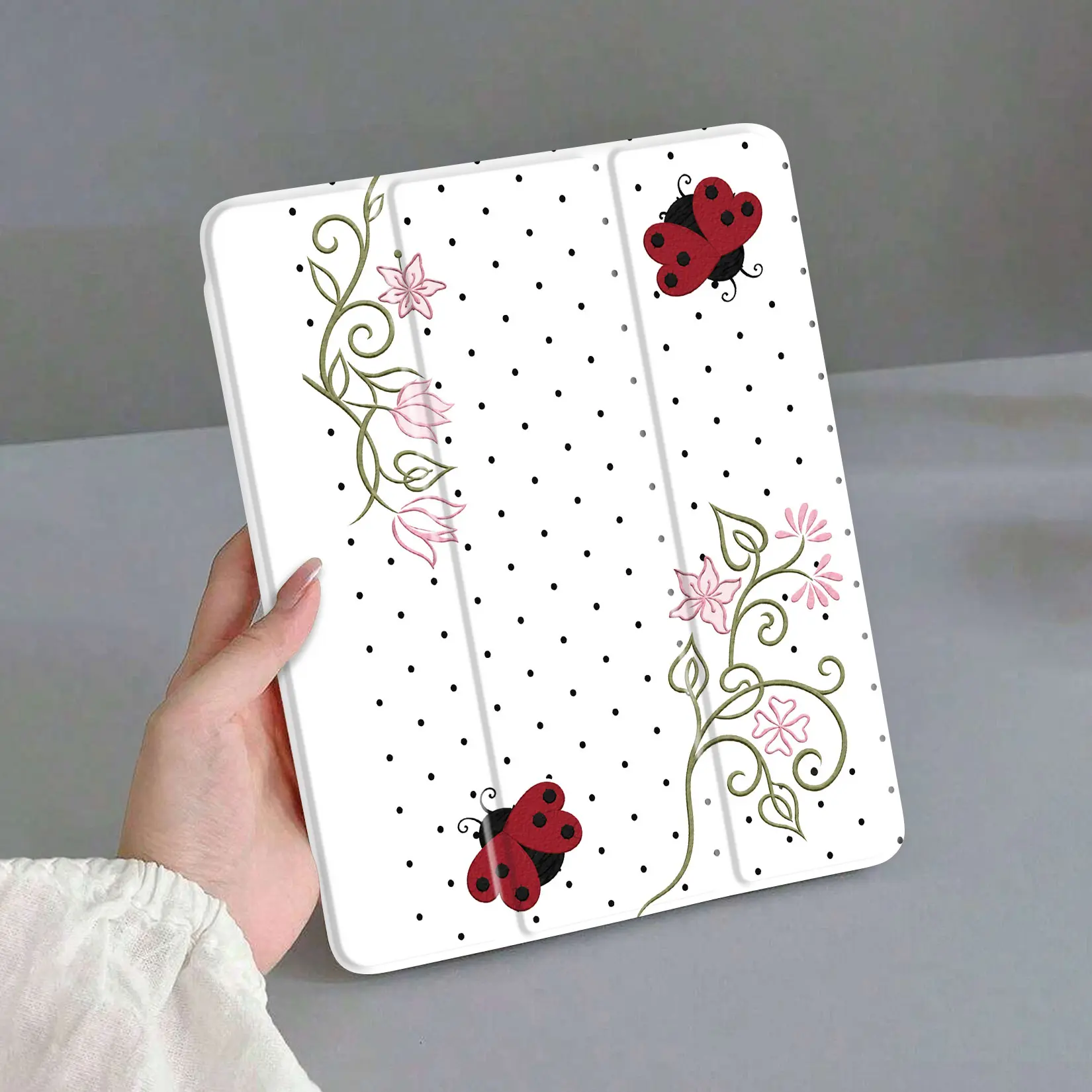 Decorative Floral-Ladybug Print Polka Dot Fabric - Ideal for Crafts, Sewing Projects, Indoor Home Décor with Pink Flowers, Red Ladybug Accents for Charming Look