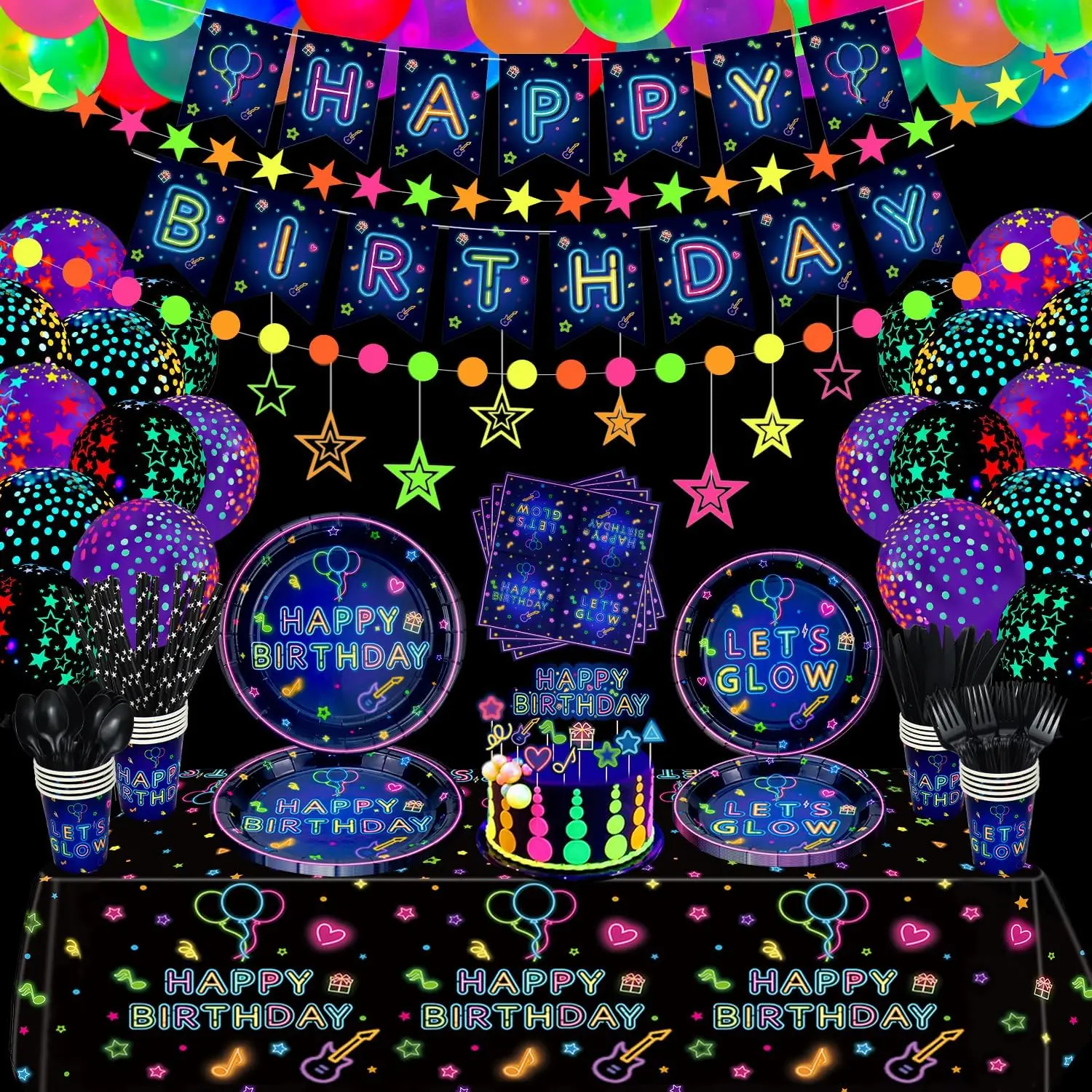 240-Pack Lightweight Colorful Plastic Neon Party Supplies Set - Photo Prop, Serves 20, Includes Plates, Cups, Napkins, Balloons, Banner, Stars Cake Topper for Blacklight Happy Birthday Decorations, Gifts