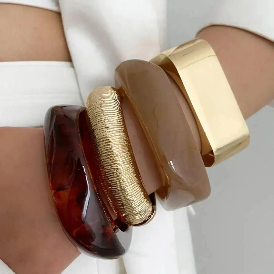IngeSight.Z Vintage Irregular Geometric Resin Wide Bangles Bracelet for Women Hip Hop Punk Chunky Metal Bangles Trendy Jewelry