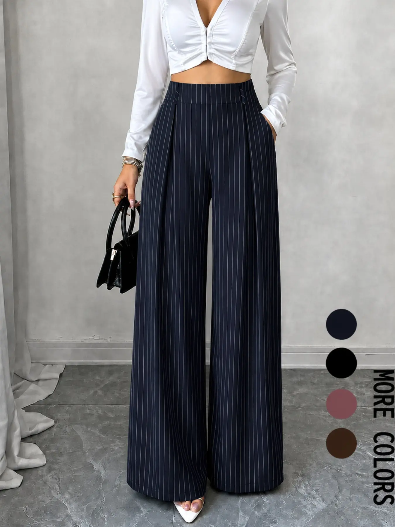Women's Deep Blue Striped Pants, Elegant Office Wear, Four-Season High-Waisted Straight Leg Loose Fit, Korean Fashion Style