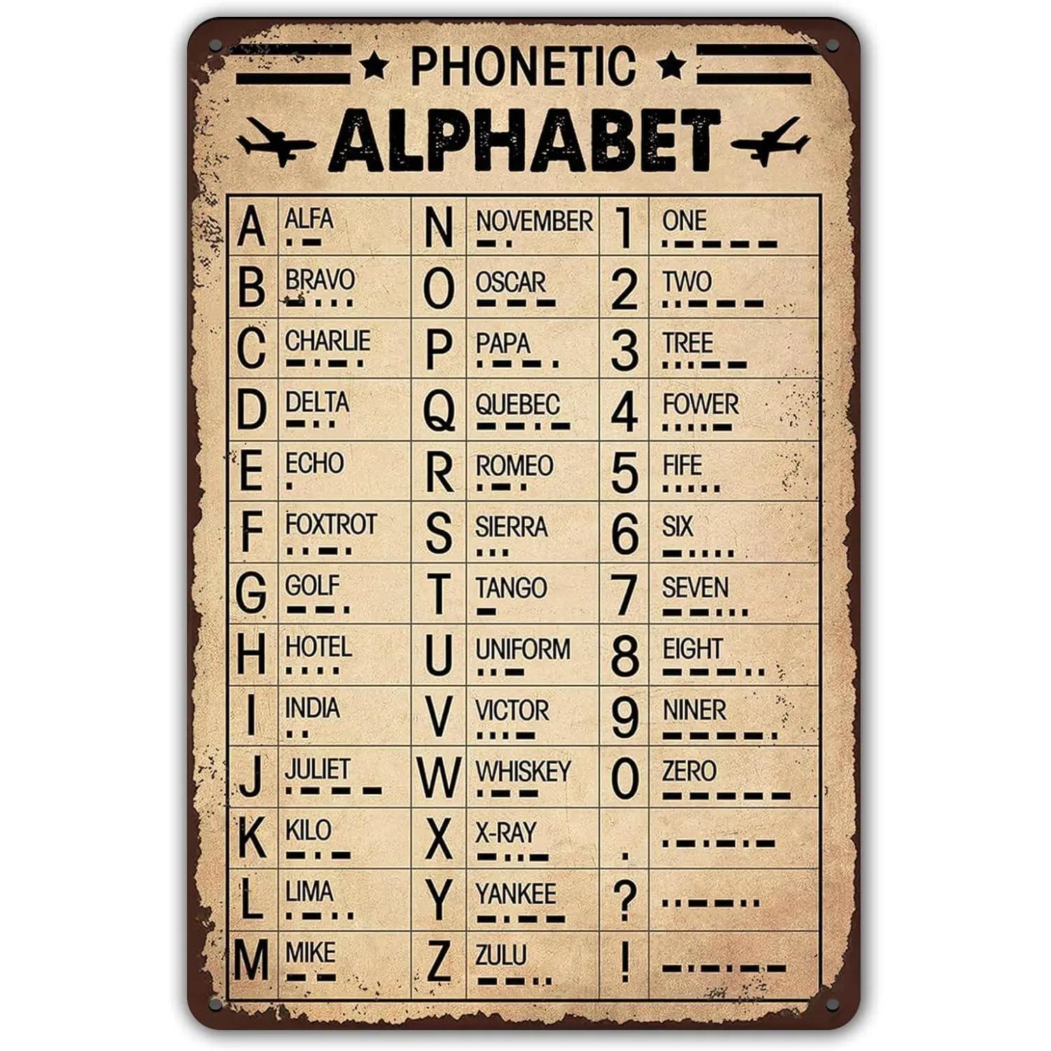 Retro Aviation Phonetic Alphabet & Morse Code Wall Poster Sign, 8x12 in Home Decor Decoration - Ideal Gift for Pilots - Military Wall Art for Man Cave, Home Office