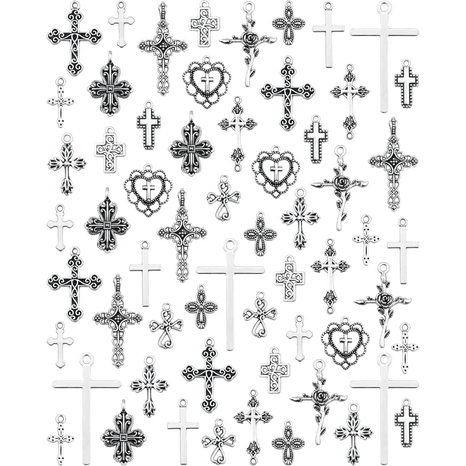 60 Pcs Antique Silver Cross Charms, Alloy Crucifix Pendant Connector for Bracelet Earrings Necklace Jewelry Making (15 Styles)
