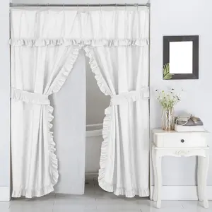 Double Swag Ruffled Fabric Shower Curtain Set, Intersected Leaves , PEVA Liner and Roller Rings (White)