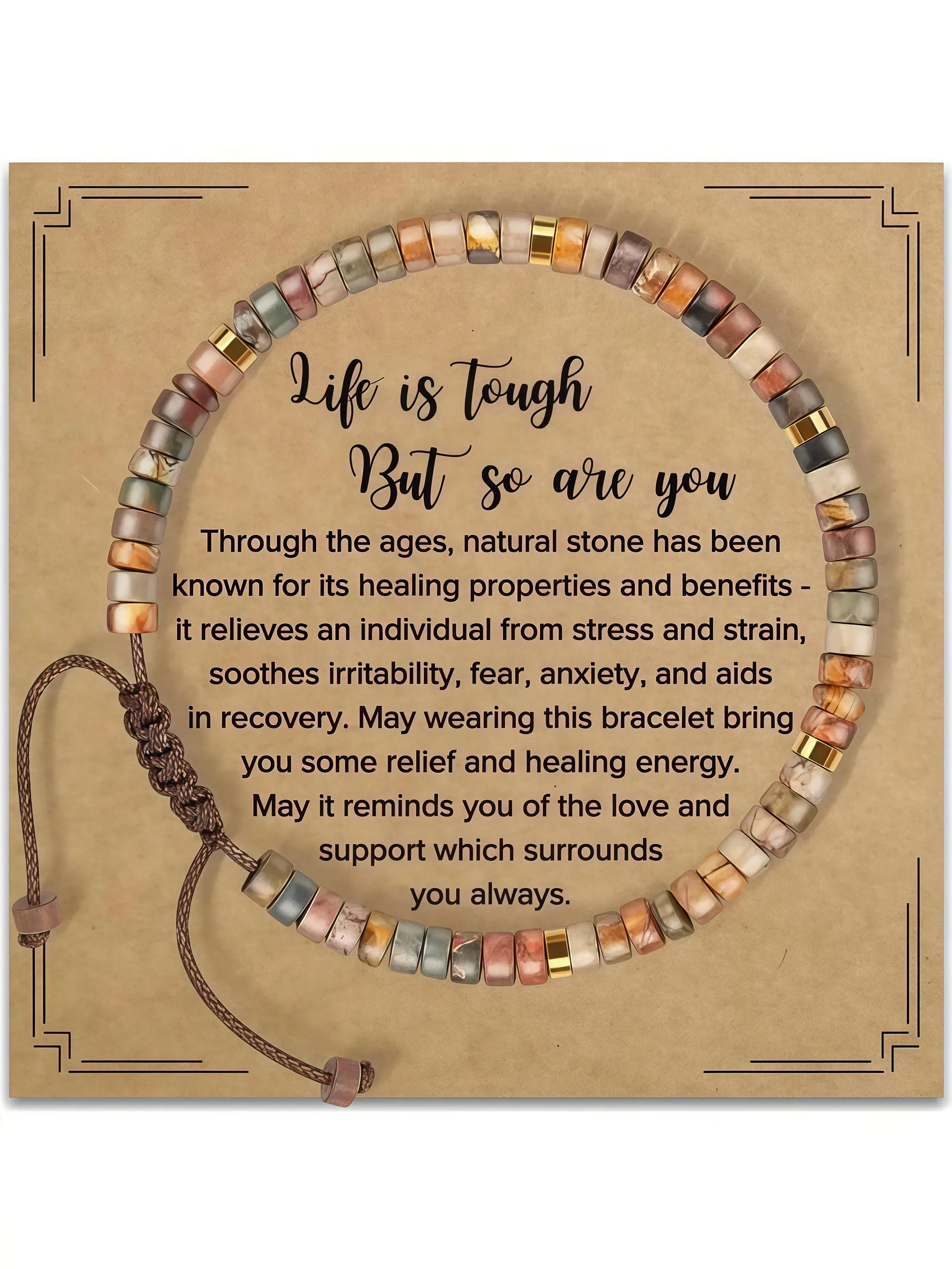 Boho Style Beaded Bracelet with Encouragement Card, Inspirational Beaded Bracelet, Solstice Gemstone Bracelet, Fashion Drawstring Bracelet for Women & Girls, Trendy All-match & Exquisite for Birthday Gift