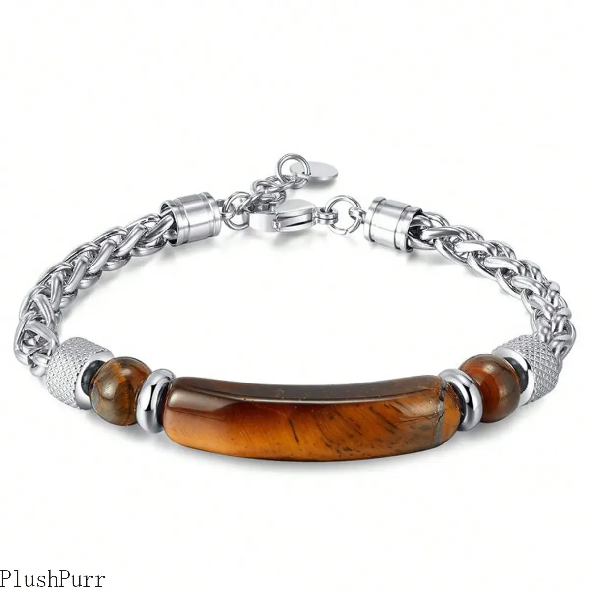 Titanium Steel Tiger Eye Stone DIY Bag Accessory Bracelet - Polished Beads, Stainless Steel Cuban Link Chain, Durable Black Stone Inlay, Stylish Versatile Male Daily/Party Jewelry, Daily Wear, Male Jewelry tiktokshopbacktoschool