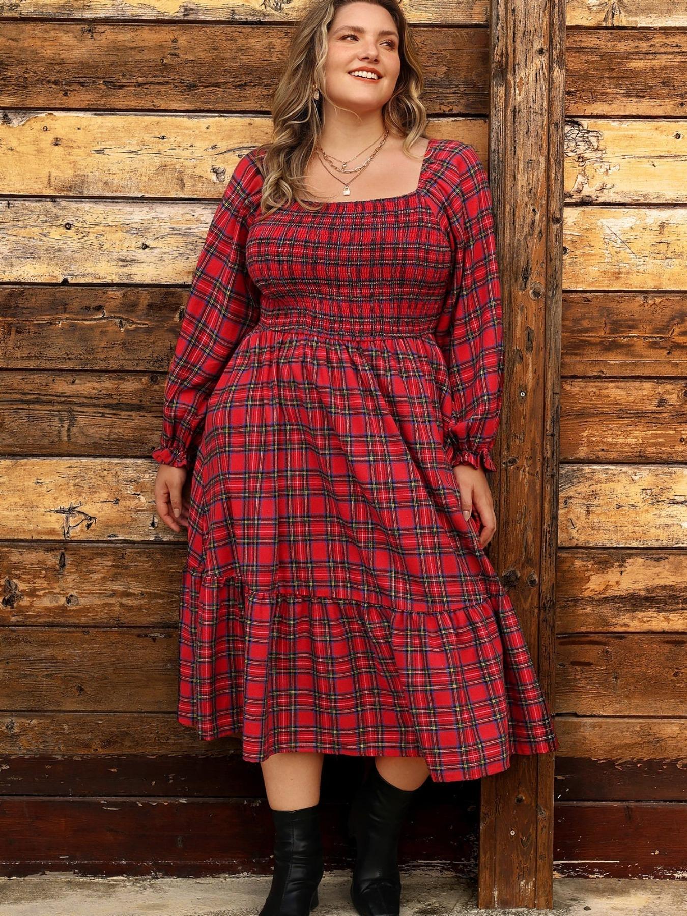 Christmas Plus Size Plaid Long Sleeve Dress for Women, Casual Loose-Fitting A-Line Dress, Fall & Winter Fashion, Comfortable Daily Wear, Boho Fashion Dress