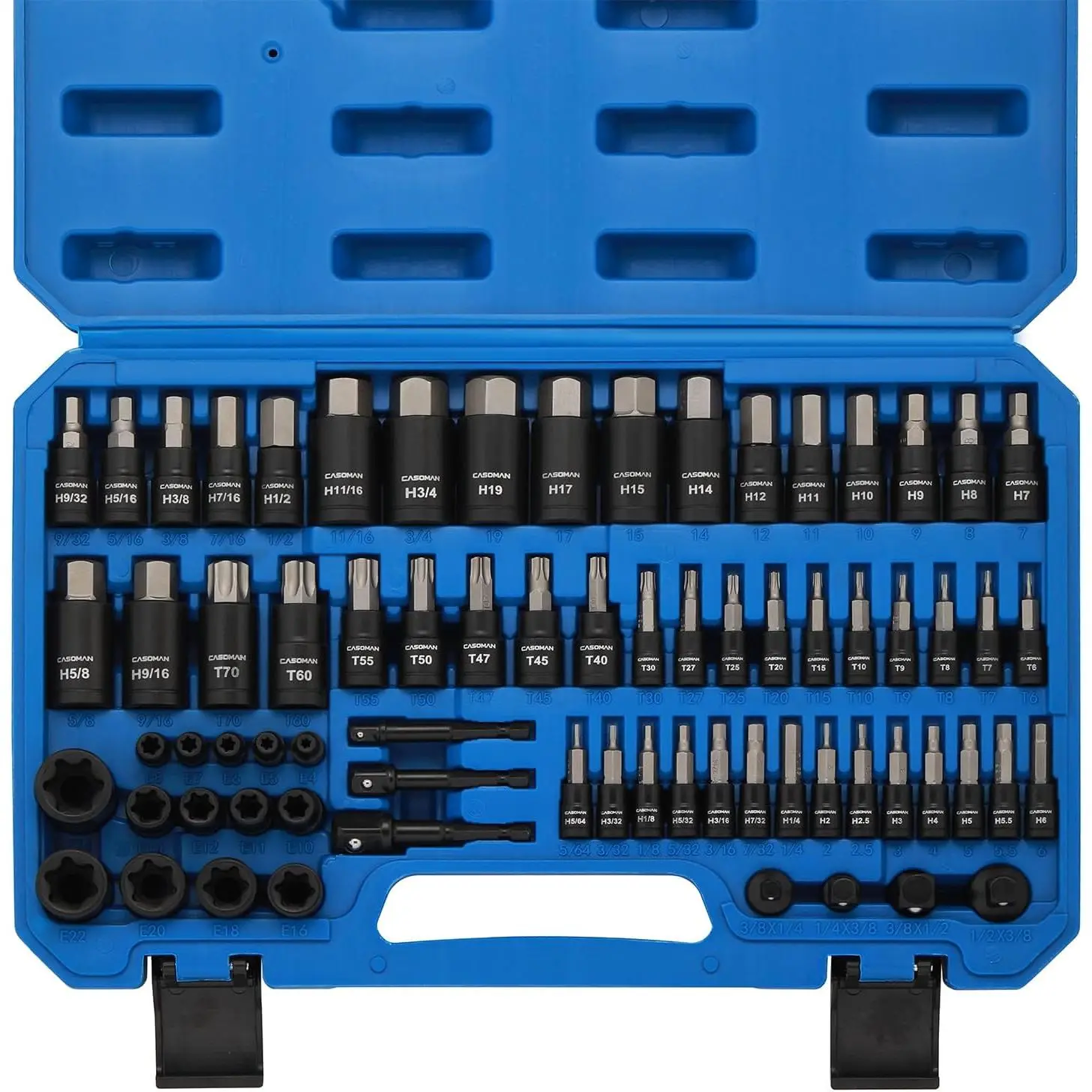 71- Master Hex & Torx Bit Socket Set, 1/4" & 3/8" & 1/2" Drive, Metric/SAE Hex Bit Sockets,  Bit Sockets (T6 - T70), E-Torx Sockets (E4 - E24), with Storage Case