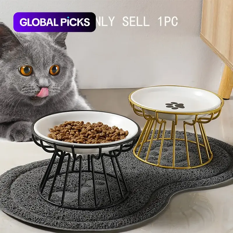 Elevated Feeding Bowl for Cats, Fishbone & Cat Paw Pattern Ceramic Pet Bowls with Iron Stand, Pet Feeding Supplies, Animal Feeding Supply, Dog & Cat Accessories #GLOBAL PICKS