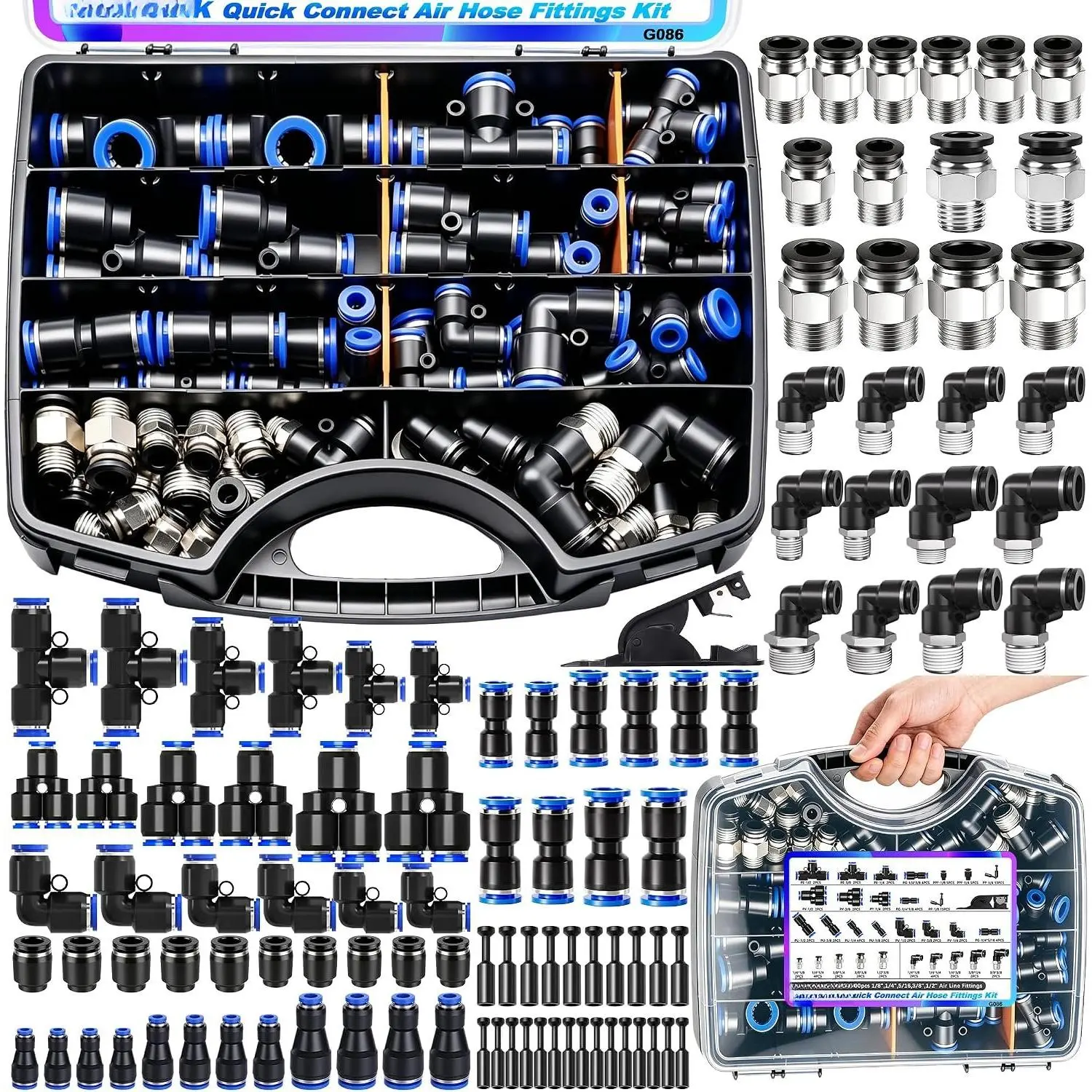 100 count Quick Connect Air Hose Fittings Kit,1/8",1/4",3/8",1/2" Push to Connect Fitting,Air Line Quick Connect Fittings,Quick Release Pneumatic Kit