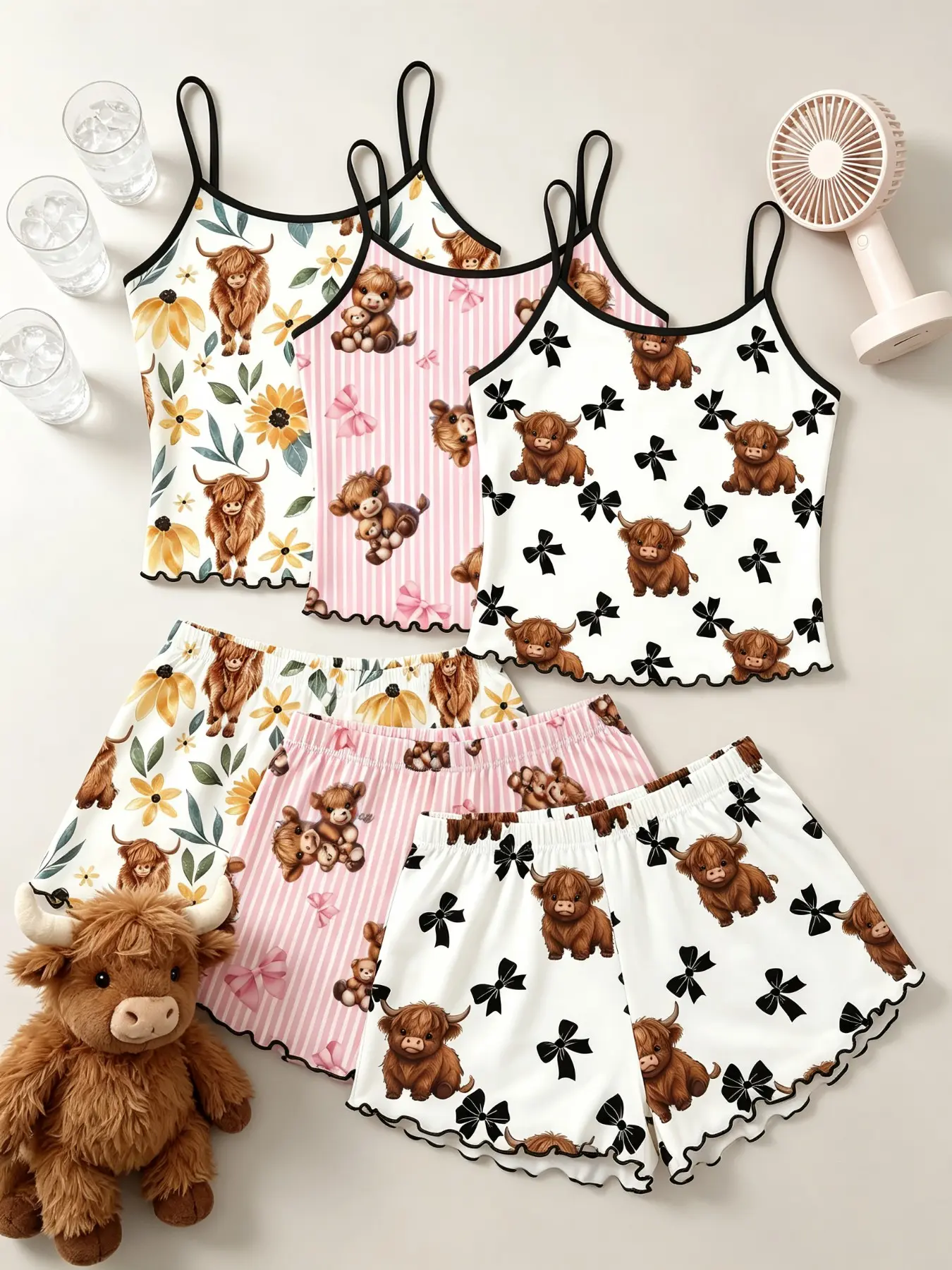 6-Piece Upgraded Women's Pajamas Sets Highland Cow Sunflower Bow Print White Pink Stripe Summer Spaghetti Strap Cami Elastic Shorts Lettuce Hem Contrast Trim Soft Breathable Relaxed Fit Sleepwear Loungewear Nightwear for Home Daily Wear