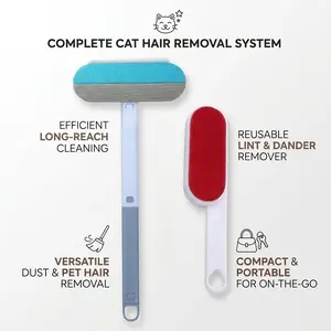 Two-piece multi-functional pet hair remover, long-handled nylon plastic hair-removing rollers, double-sided reusable brushes, suitable for cleaning clothes, sofas, bedding and carpets, a manual tool for cleaning cat and dog hair